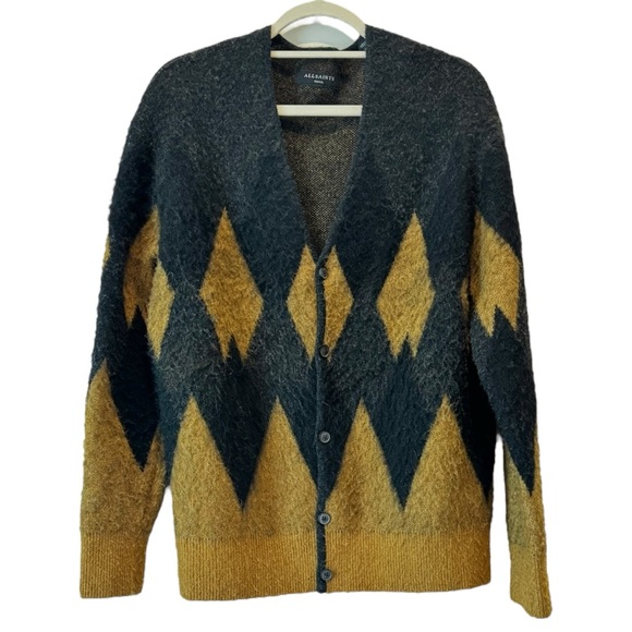 ALL SAINTS Sigurd Diamond-Pattern Wool-Blend Cardigan in “Mocha Brown” - Picture 8 of 13